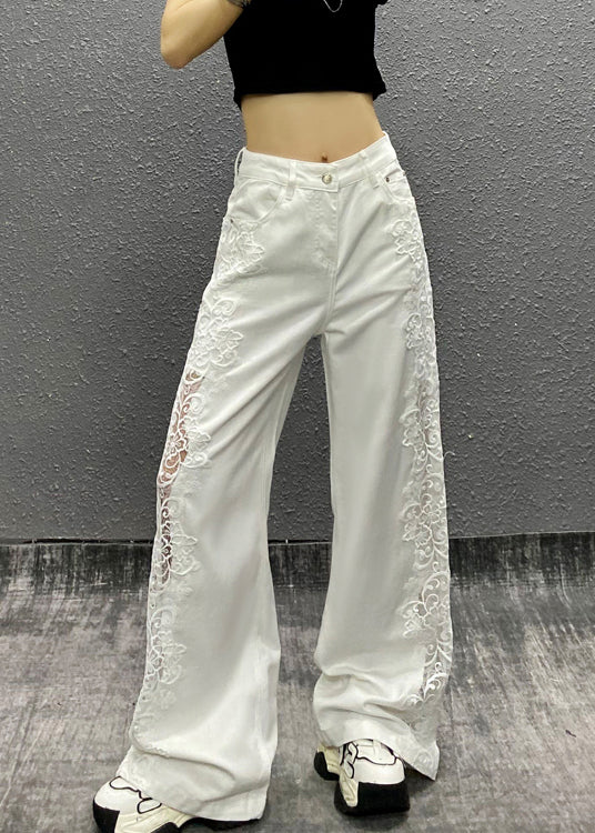 New White Pockets Hollow Out Patchwork Denim Straight Pants Fall
