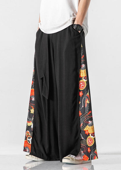 New White Pockets Print Patchwork Cotton Wide Leg Pants Summer