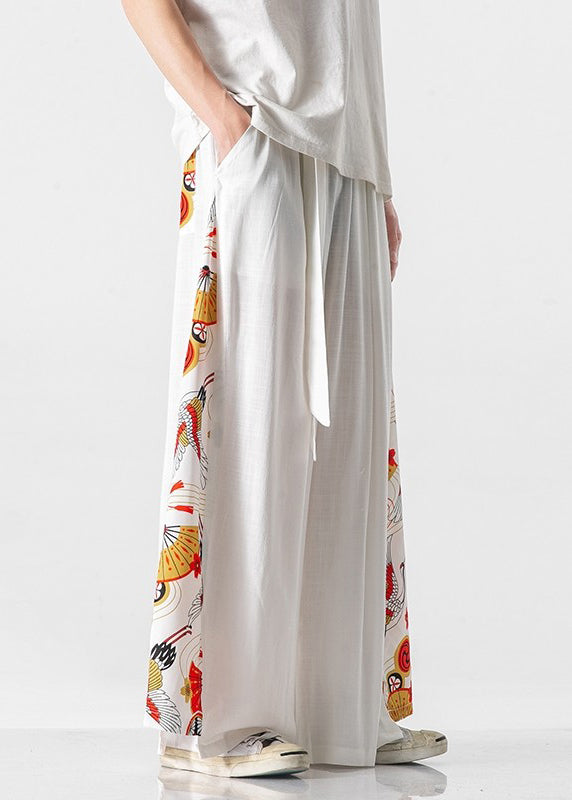 New White Pockets Print Patchwork Cotton Wide Leg Pants Summer