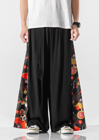 New White Pockets Print Patchwork Cotton Wide Leg Pants Summer