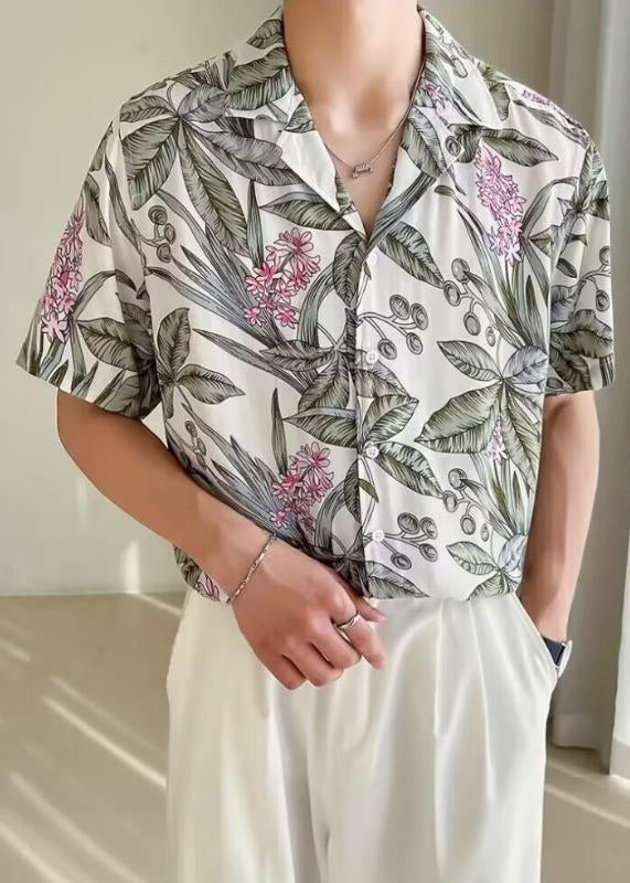 New White Print Button Ice Silk Shirts Summer