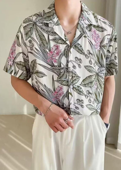 New White Print Button Ice Silk Shirts Summer