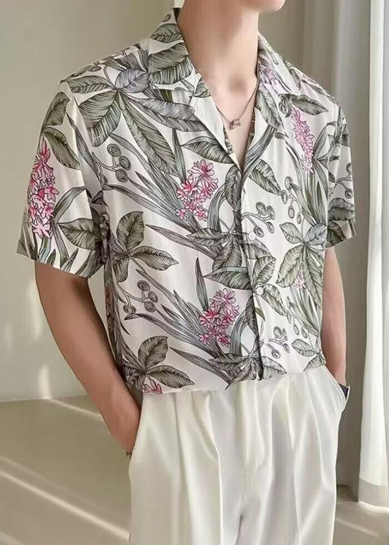 New White Print Button Ice Silk Shirts Summer