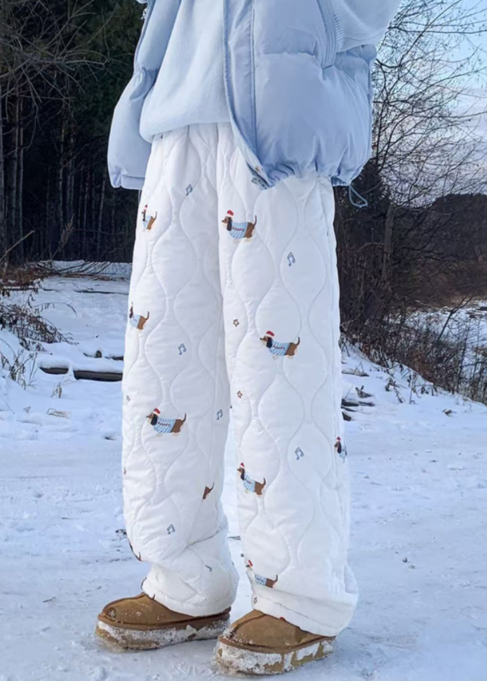 New White Print Elastic Waist Cotton Filled Pants Winter