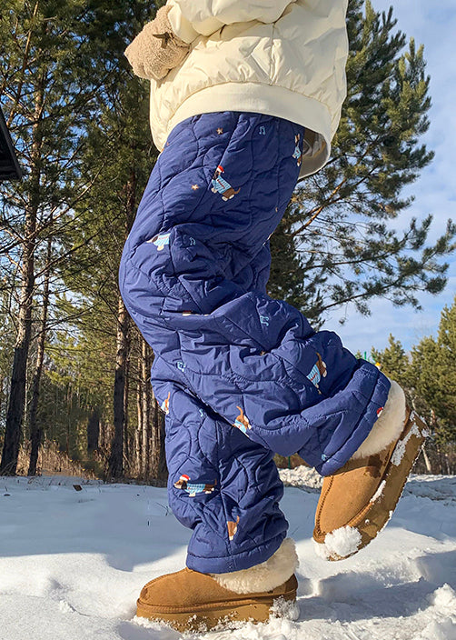 New White Print Elastic Waist Cotton Filled Pants Winter