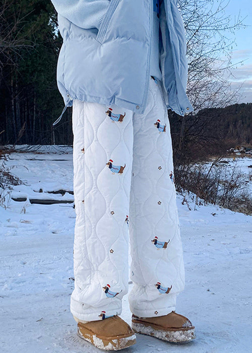 New White Print Elastic Waist Cotton Filled Pants Winter