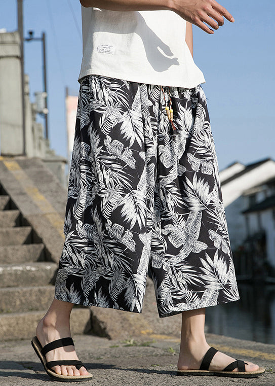 New White Print Pockets Elastic Waist Cotton Wide Leg Pants Summer