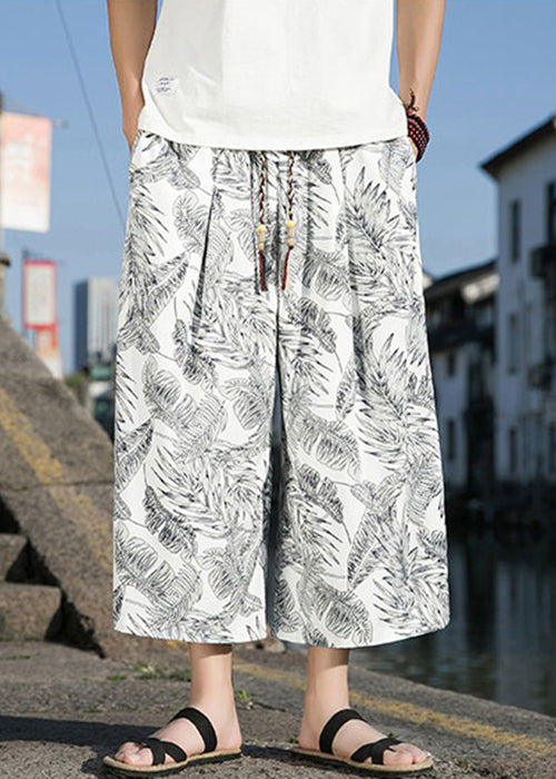 New White Print Pockets Elastic Waist Cotton Wide Leg Pants Summer