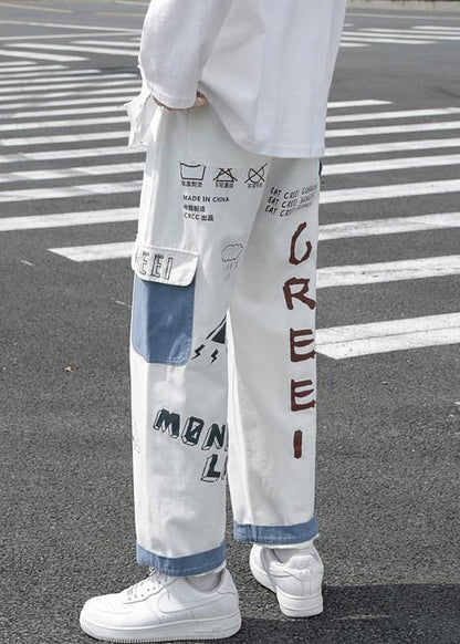 New White Print Pockets High Waist Denim Crop Pants Fall