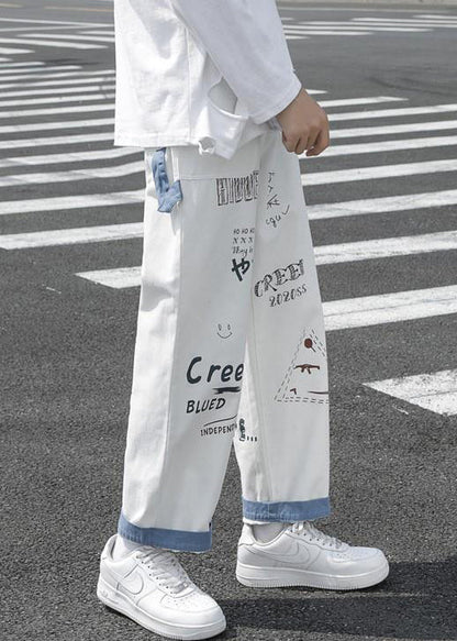 New White Print Pockets High Waist Denim Crop Pants Fall