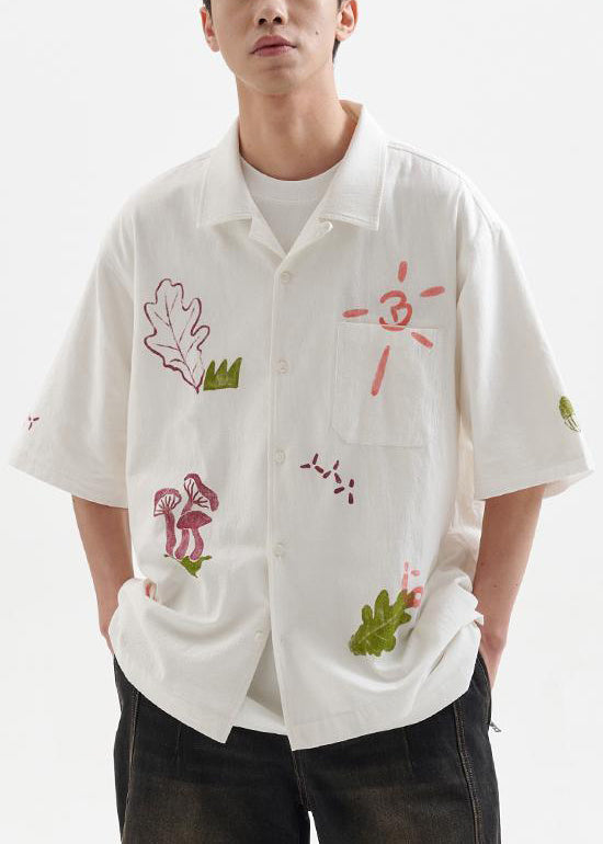 New White Print Pockets Oversized Cotton Shirts Summer