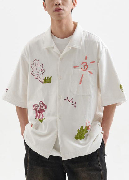 New White Print Pockets Oversized Cotton Shirts Summer