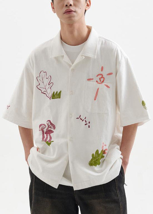 New White Print Pockets Oversized Cotton Shirts Summer