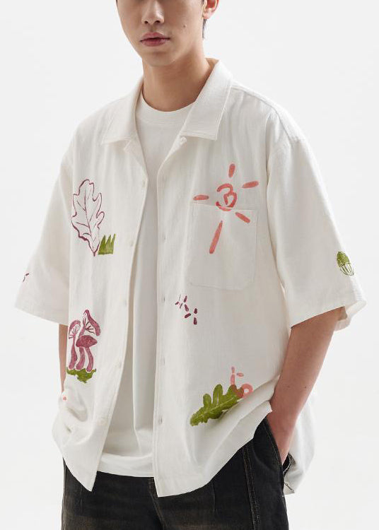 New White Print Pockets Oversized Cotton Shirts Summer
