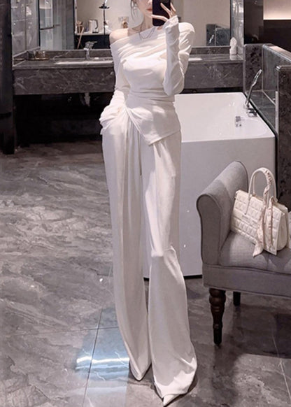 New White Side Open Pockets Patchwork Tops and Pants Cotton Two Piece Set Fall