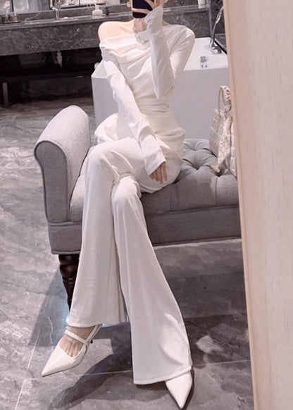 New White Side Open Pockets Patchwork Tops and Pants Cotton Two Piece Set Fall