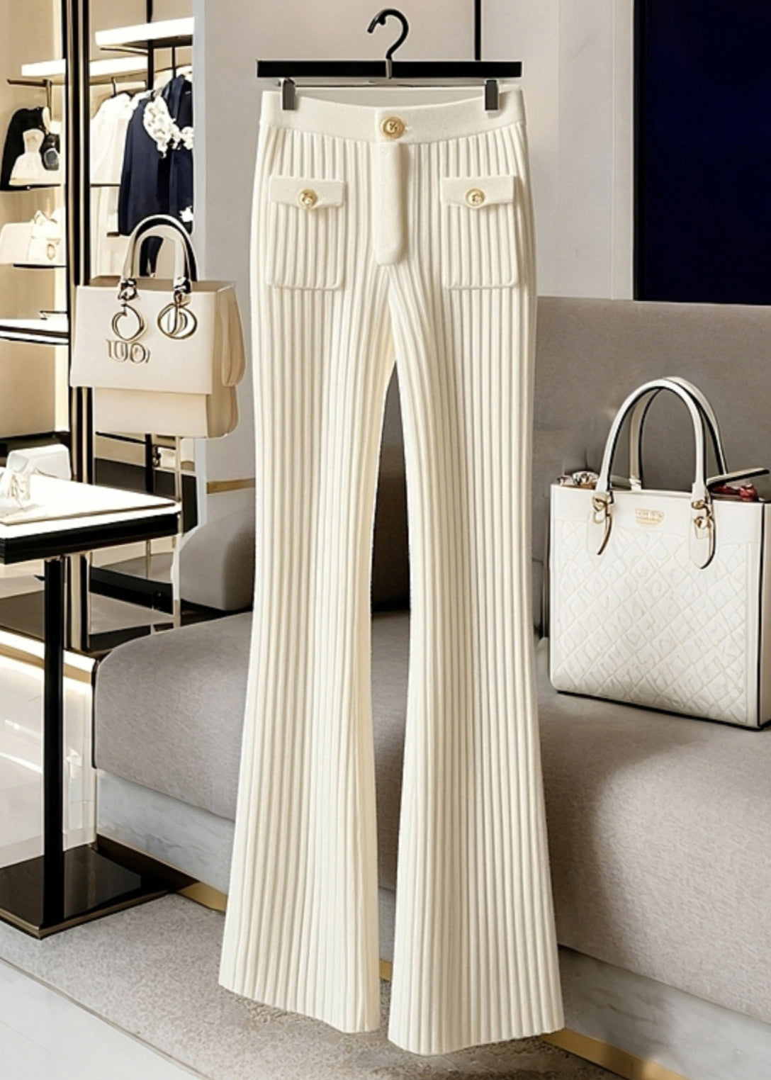 New White High Waist Knit Pants Spring