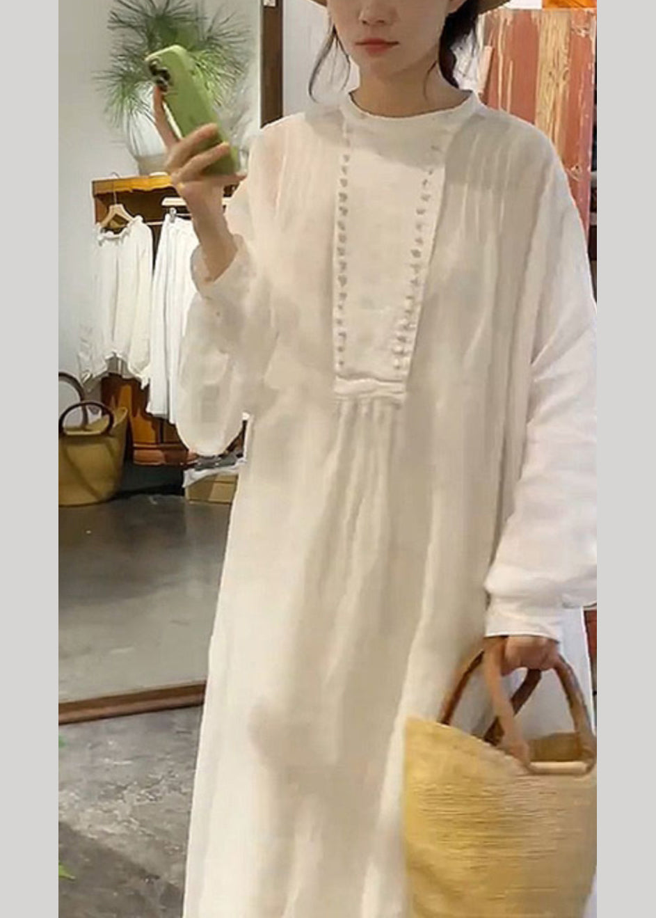 New White O-neck Cotton Long Dress Spring