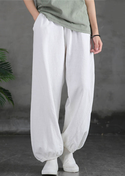 New White Pockets High Waist Cotton Beam Pants