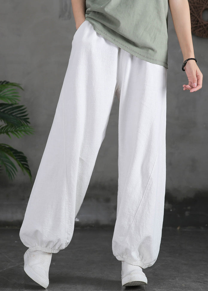 New White Pockets High Waist Cotton Beam Pants