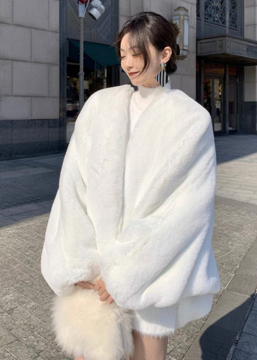 New White V Neck Fuzzy Fur Fluffy Coats Long Sleeve
