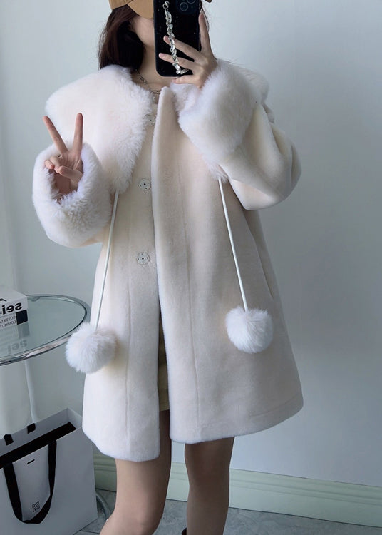 New White Square Collar Fuzzy Ball Decorated Woolen Coats Winter