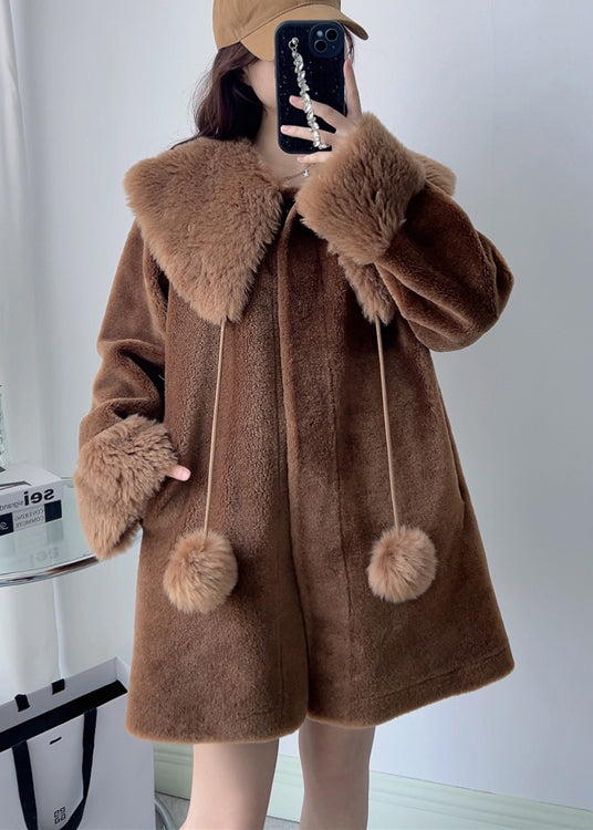 New White Square Collar Fuzzy Ball Decorated Woolen Coats Winter