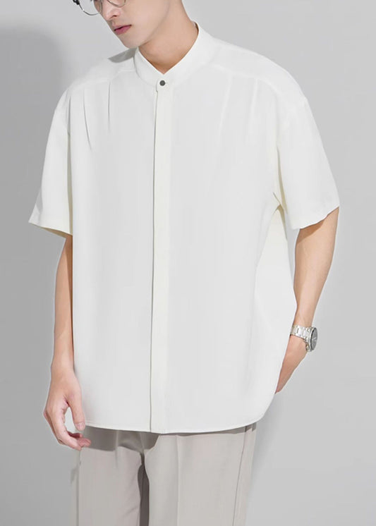New White Stand Collar Button Ice Silk Shirts Summer