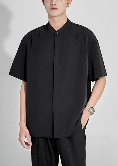 New White Stand Collar Button Ice Silk Shirts Summer