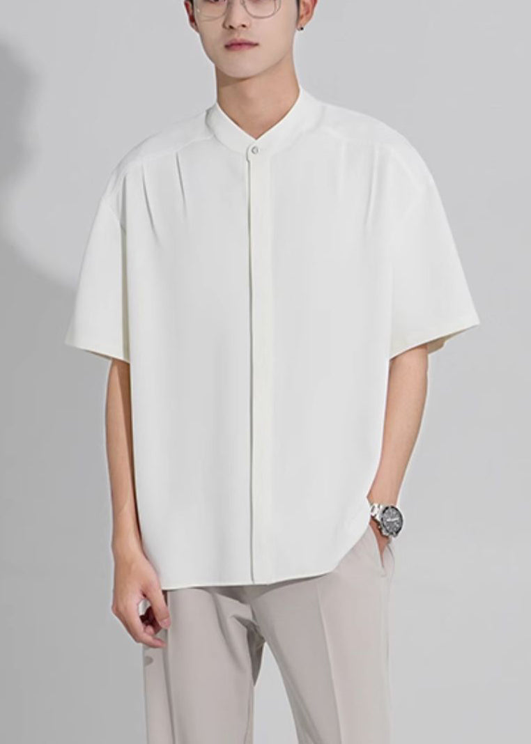New White Stand Collar Button Ice Silk Shirts Summer