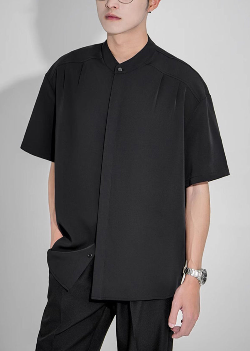 New White Stand Collar Button Ice Silk Shirts Summer