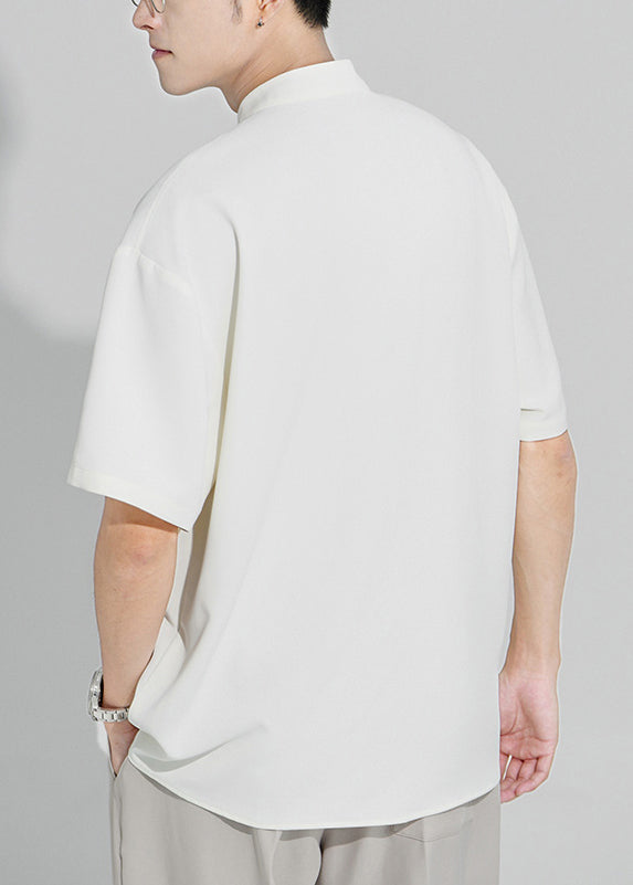 New White Stand Collar Button Ice Silk Shirts Summer