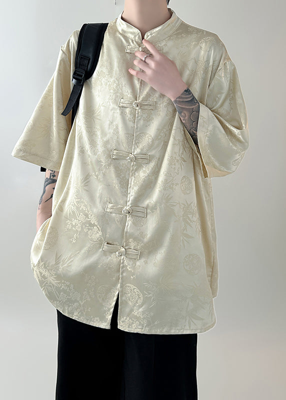 New White Stand Collar Button Silk Shirt Half Sleeve
