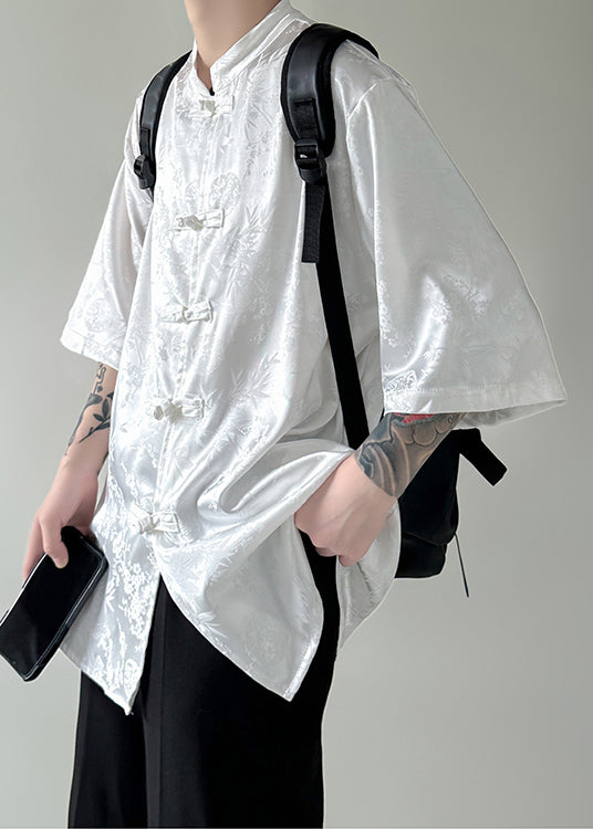 New White Stand Collar Button Silk Shirt Half Sleeve