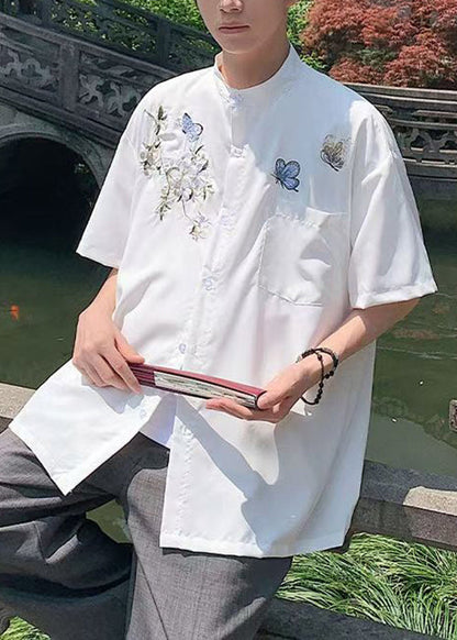 New White Stand Collar Embroideried Pockets Cotton Shirts Summer