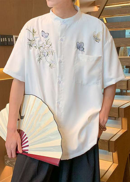New White Stand Collar Embroideried Pockets Cotton Shirts Summer