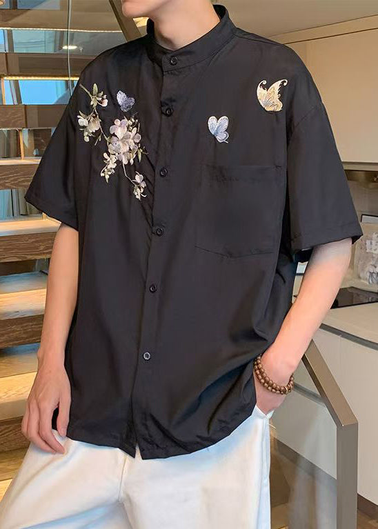 New White Stand Collar Embroideried Pockets Cotton Shirts Summer