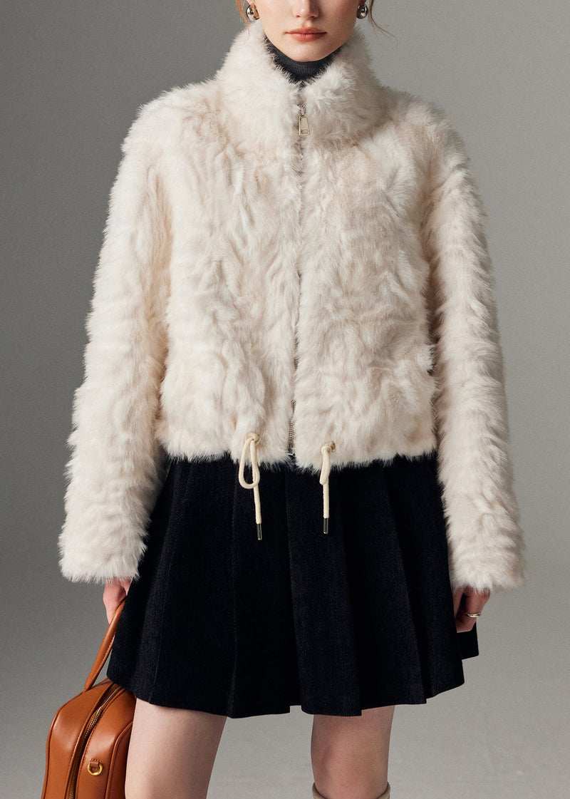 New White Stand Collar Leather Zippered Cinched and Fur Coats Winte
