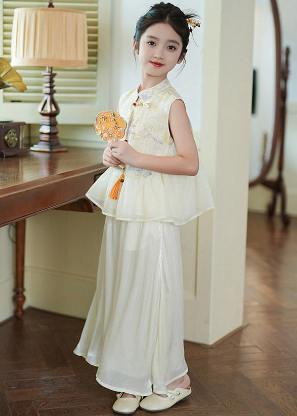 New White Stand Collar Print Silk Kids Shirts and Wide Leg Pants Two Pieces Set Sleeveless