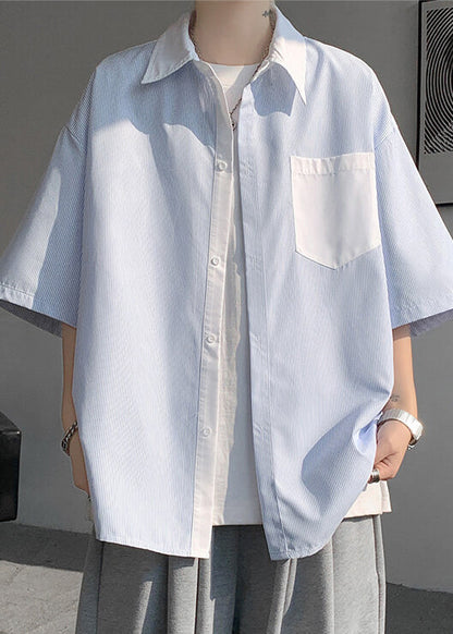 New White Striped Button Pockets Patchwork Cotton Shirts Summer