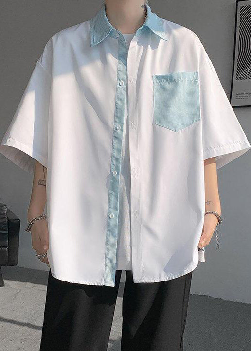 New White Striped Button Pockets Patchwork Cotton Shirts Summer