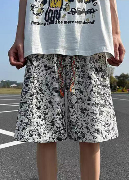 New White Tie Dye Elastic Waist Cotton Shorts Summer