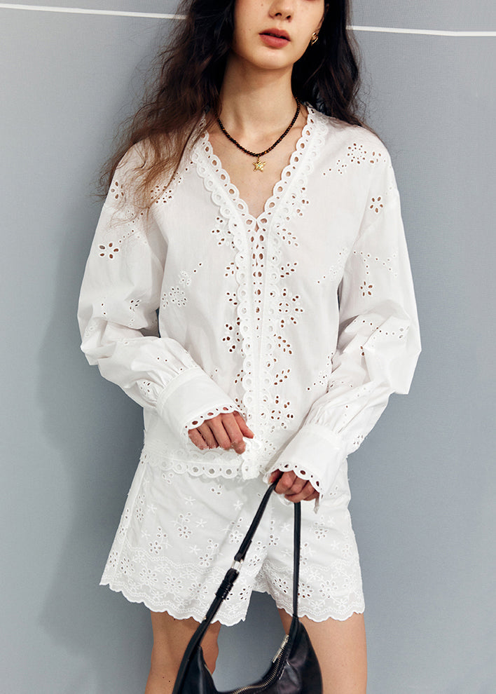 New White V Neck Hollow Out Shirts and Shorts Cotton Two Pieces Set Fall