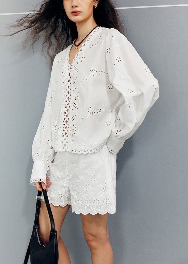 New White V Neck Hollow Out Shirts and Shorts Cotton Two Pieces Set Fall
