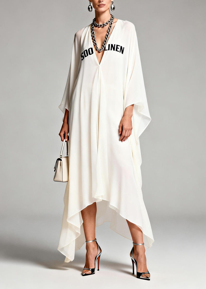 New White V Neck Print Asymmetrical Design Chiffon Dresses Summer