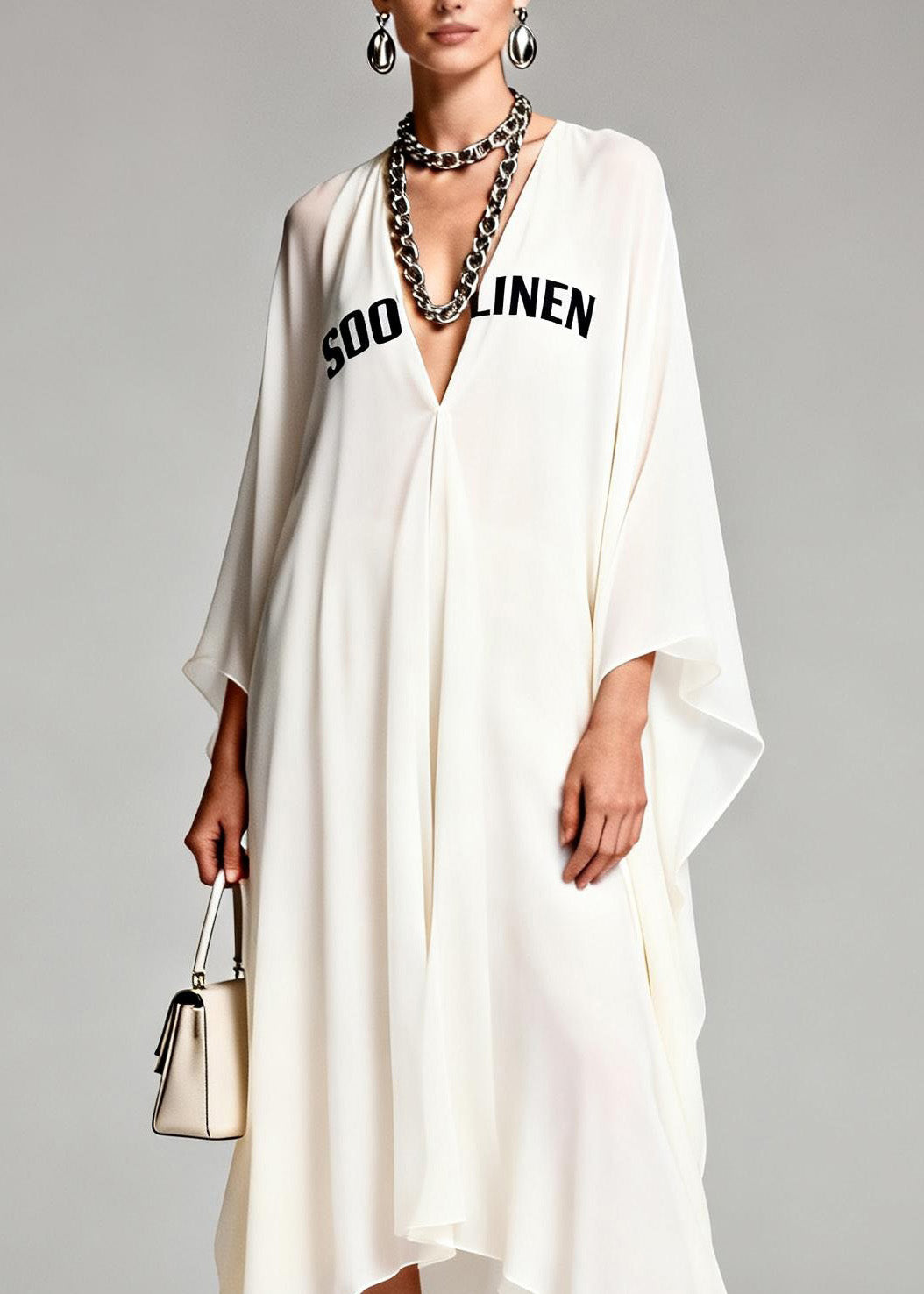 New White V Neck Print Asymmetrical Design Chiffon Dresses Summer