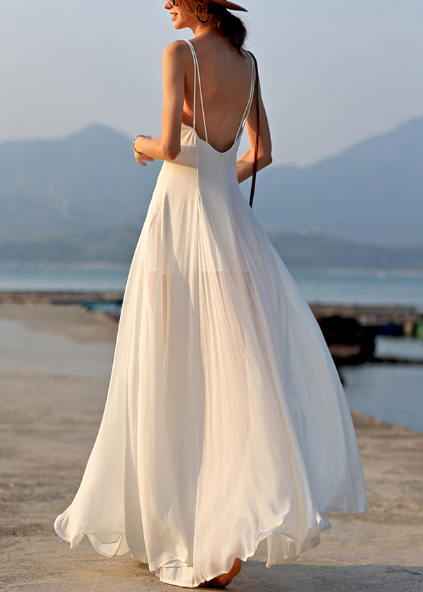 New White V Neck Chiffon Spaghetti Strap Dress Sleeveless