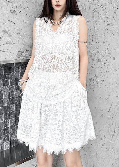 New White V Neck Top and Shorts Lace Two Pieces Set Summer