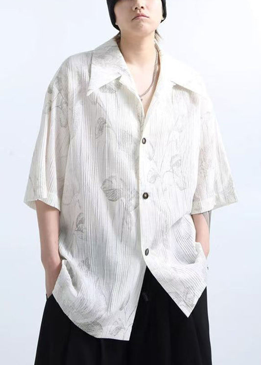 New White Wrinkled Print Cotton Shirts Half Sleeve