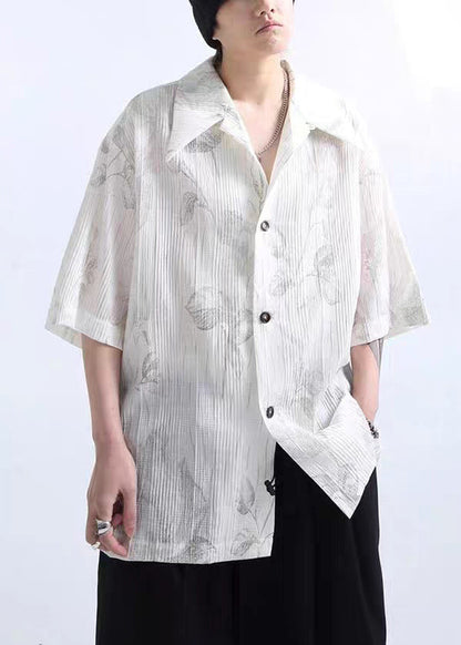 New White Wrinkled Print Cotton Shirts Half Sleeve